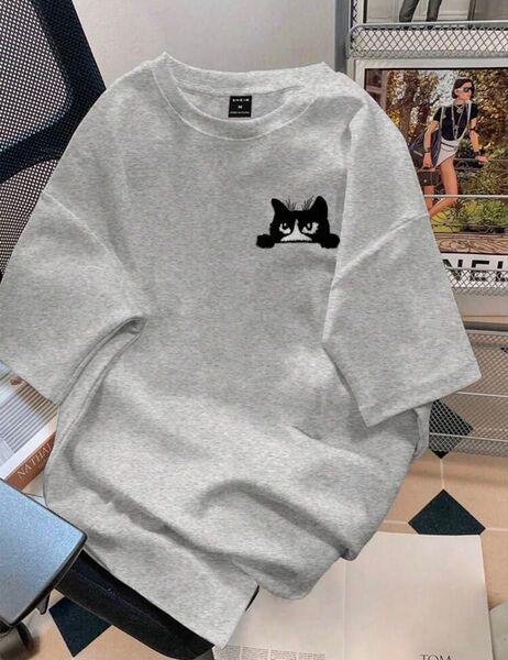 黒猫 半袖 Tシャツ ライトグレー Sサイズ