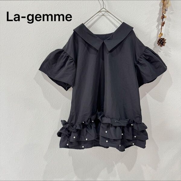 La-gemme ブラウス フリル パールビーズ ブラック