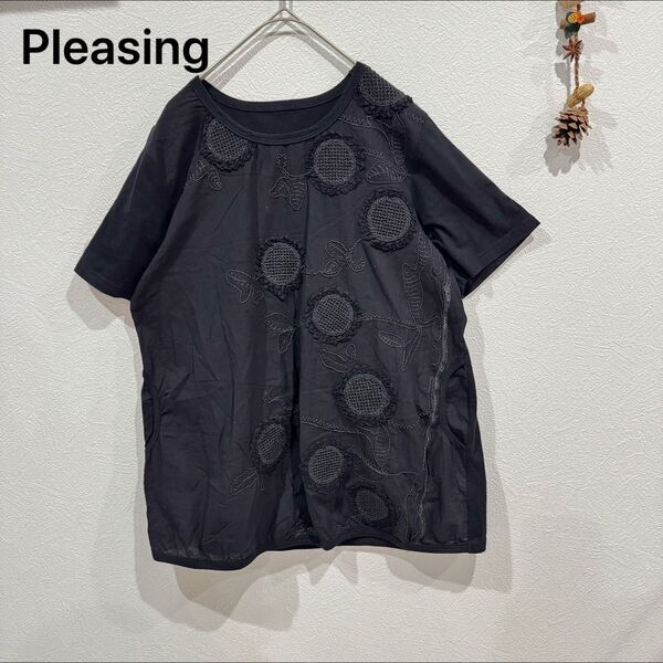 Pleasing Tシャツ カットソー ひまわり 刺繍 ブラック