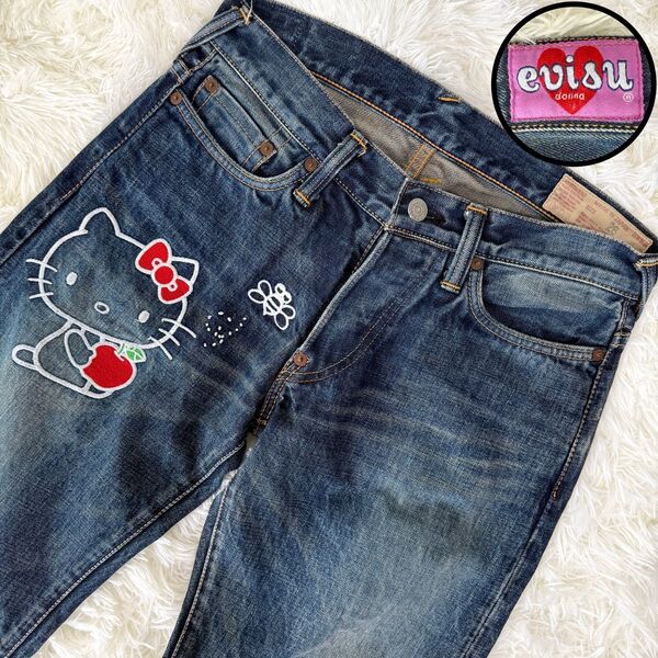 希少 EVISU×HELLO KITTY コラボ 赤耳 刺繍カモメリボン ハートタグ 濃紺 デニムパンツ ハローキティ エヴィス