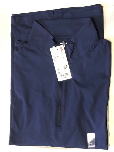 ユニクロ ドライEX UVカット ハーフジップ Tシャツ 長袖 カットソー ネイビー XLサイズ