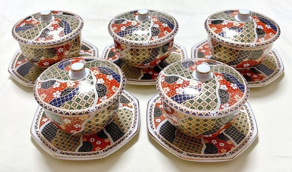 昭和レトロ 和窯 古伊万里風 金彩七宝紋 蓋付き湯呑&茶托5客 茶器セット