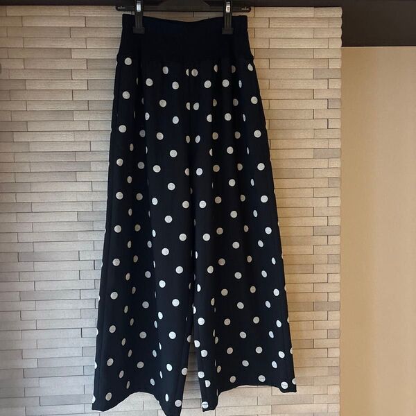 BEARDSLEY ビアズリー ドット柄ワイドパンツ レディース 黒 水玉 イージーパンツ サイズF 手洗い可