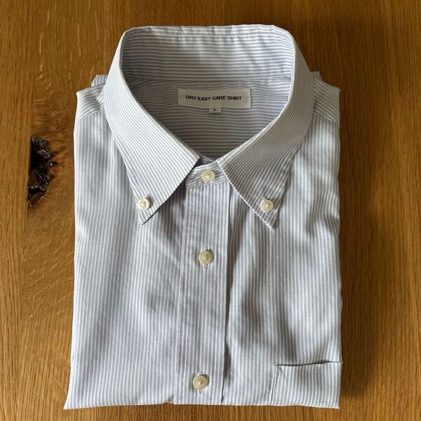 ユニクロ UNIQLO 半袖 ワイシャツ ドライイージーケア ストライプシャツ ボタンダウンシャツ 縦ストライプ 白 グレー L