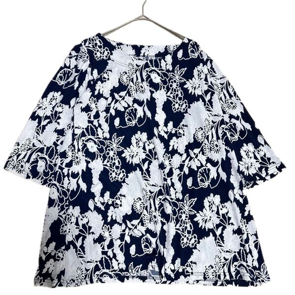 GRAZIELEI オーバーサイズフラワーTシャツ ブラウス カットソー トップス 花柄 ネイビー ホワイトa2348 総柄