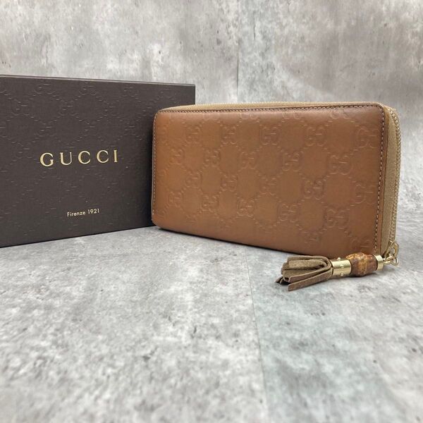 グッチ GUCCI 長財布 シマ ラウンドファスナー バンブー 長財布 ウォレット シマレザー 本革 男女兼用