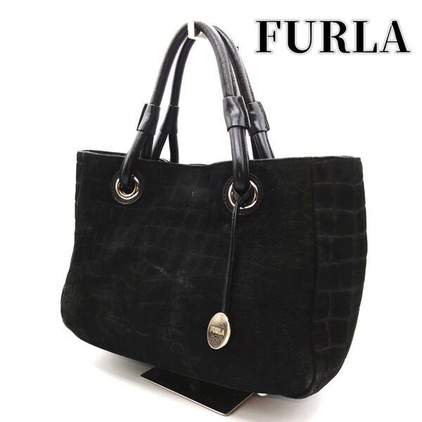 FURLA クロコ型押し スエード トートバッグ ブラック A4収納可能