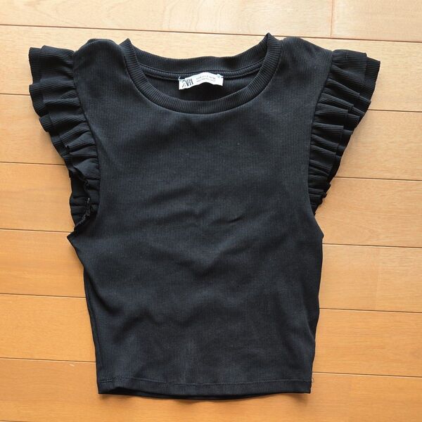 新品ZARA フリルスリーブトップス リブ素材 ブラック S 試着のみ