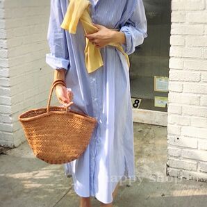 ワンピース ロング 夏 マキシ丈 ブルー ストライプ 新品 韓国ファッションワンピース シャツワンピース 長袖 ストライプ
