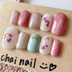 ※再出品【現品】ネイルチップ 押し花 ニュアンス ショートオーバル