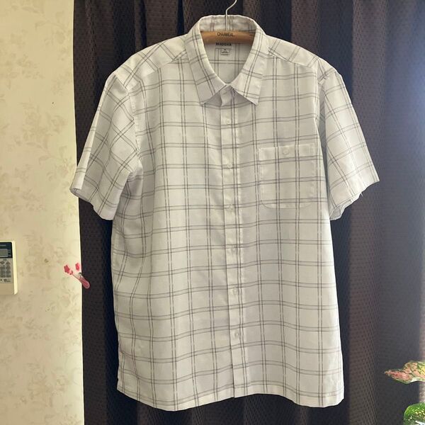 HAGGAR 半袖シャツ メンズ 白 格子柄 XL