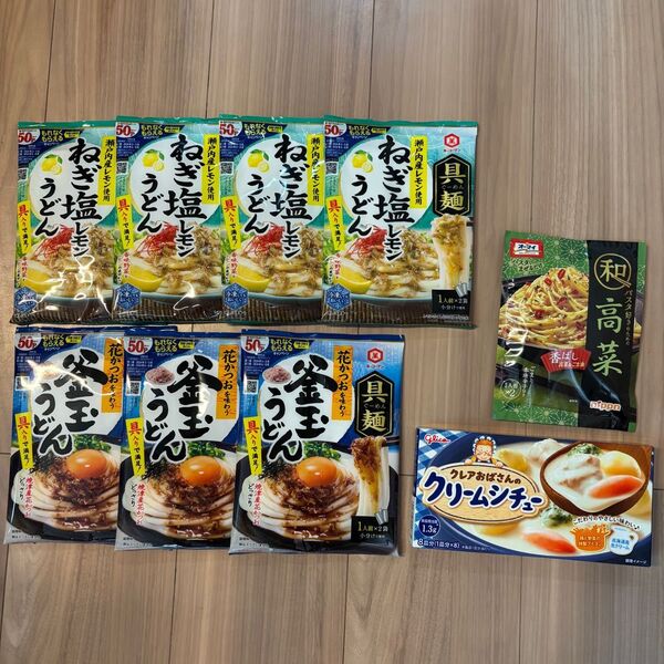 食品色々 キッコーマン 具麺 2種 ねぎ塩レモンうどん4袋、釜玉うどん3袋、クリームシチューのルー1箱、パスタソース1袋