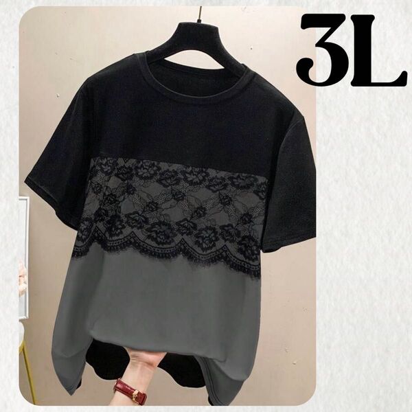 大きいサイズ 3L レース ドッキング カットソー Tシャツ レディース 黒 グレー ブラック ストレッチ 半袖 夏