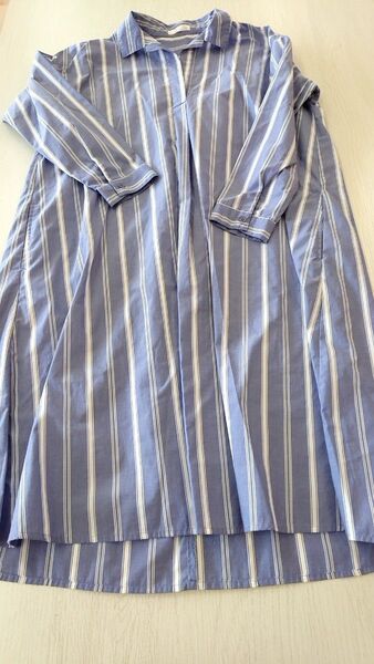 美品 ドレスキップ ストライプ ロングシャツ ワンピース ブルー系 L ワールド シンプル 定番オーバーサイズ ポケットあり