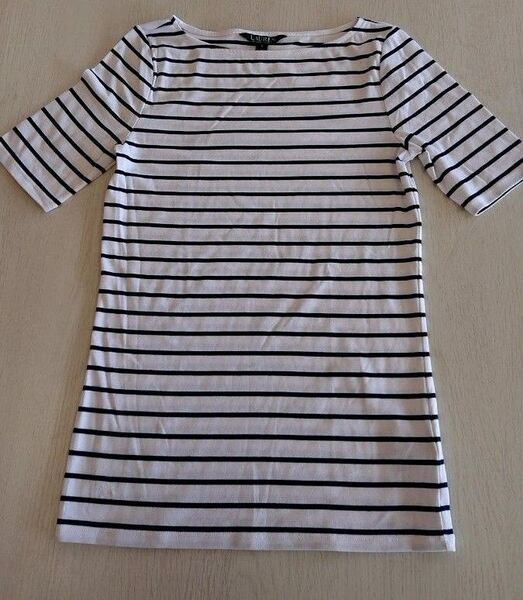 美品 LAUREN RALPH LAURENラルフローレン ボーダートップス シンプル 定番 使いやすい S 長め丈ロゴ入り