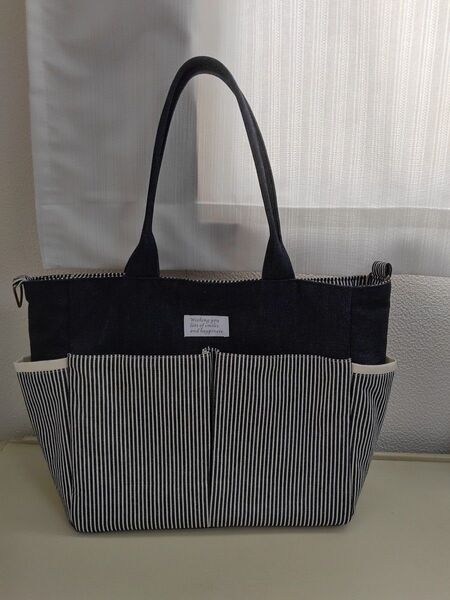 ハンドメイド デニム ヒッコリー ショルダー トート バッグ A4