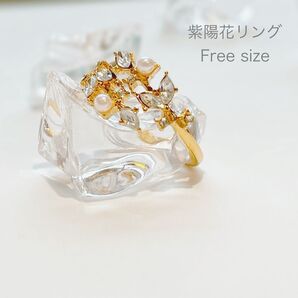 紫陽花リング フリーサイズ クリスタル ジルコニア ゴールド