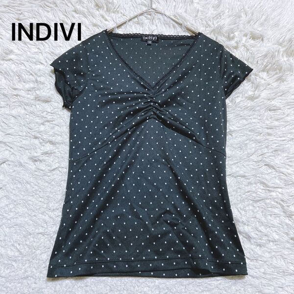 美品☆INDIVI インディヴィ ノースリーブブラウス 水玉 ドット レース トップス ひんやり 黒 白 レディース 春夏 38