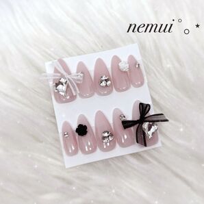 ネイルチップ ジェルネイル ピンク ハート リボン 量産型 地雷系 ワンホン ガーリー 推し ブラック ホワイト バラ