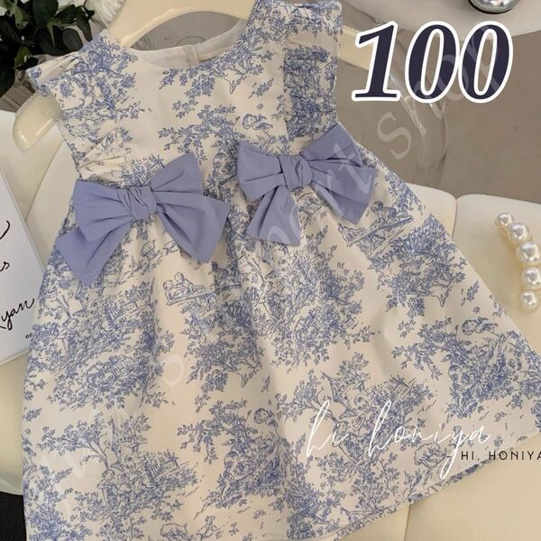 ワンピース 女の子 100 水色 白 春夏 ノースリーブ リボン 爽やか 可愛い 上品 フリル お出かけ 普段着 発表会 七五三
