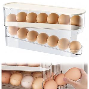 卵収納ケース【2025最新バージョン】冷蔵庫用 自動回転 卵ケース 2段式 スライド式卵ディスペンサー フタ付き 省スペース