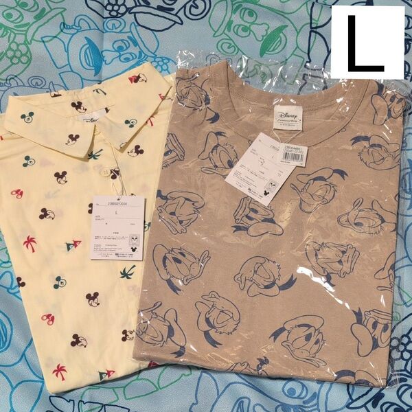 【新品/未使用】ディズニー ドナルド Tシャツ / ミッキー 総柄 半袖シャツ Lサイズ
