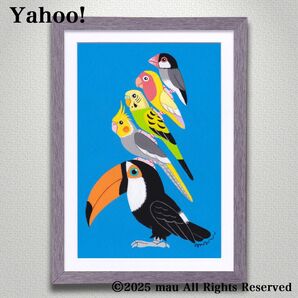 原画「小鳥ブレーメン 北欧ブルー」イラスト/アート/絵画/鳥/インコ/文鳥/オオハシ