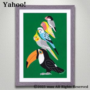 原画「小鳥ブレーメン 北欧グリーン」イラスト/アート/絵画/鳥/インコ/文鳥/オオハシ