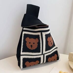 クーポン利用で300円 ニットバッグ ニットトート ハンドニット ハンドバッグ ミニトートバッグ 手提げバッグ バッグ クマ 黒