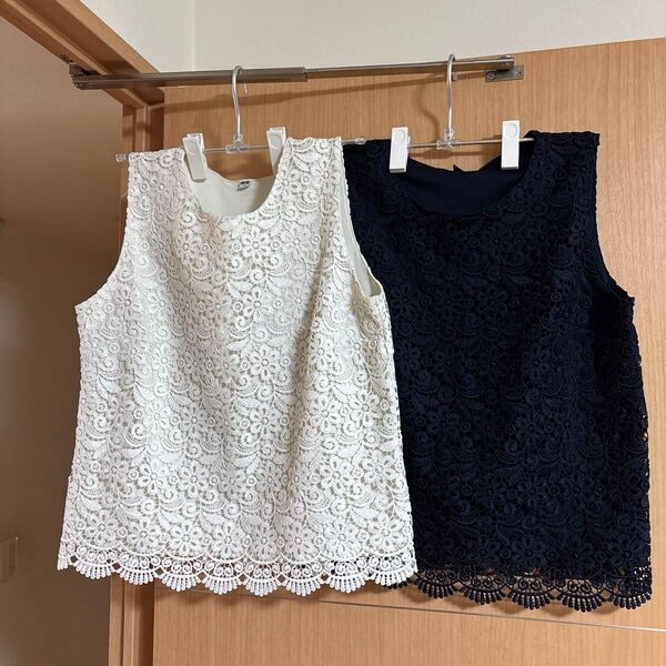 UNIQLO レース ノースリーブ トッブス ネイビー/アイボリー M タンクトップ ユニクロ