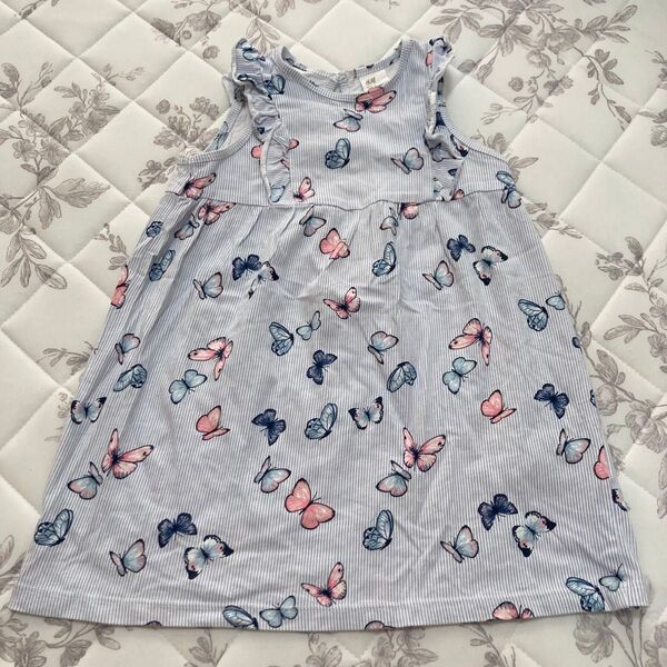 H&M エイチアンドエム 蝶々 蝶 バタフライ ストライプ フリル ワンピース ノースリーブ 夏服 女の子 90cm