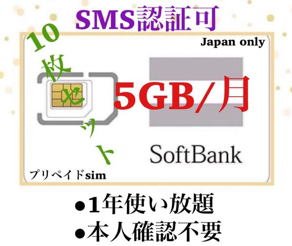 (10枚)プリペイドSIMカード 毎月5GB SMS受信可 データSIM