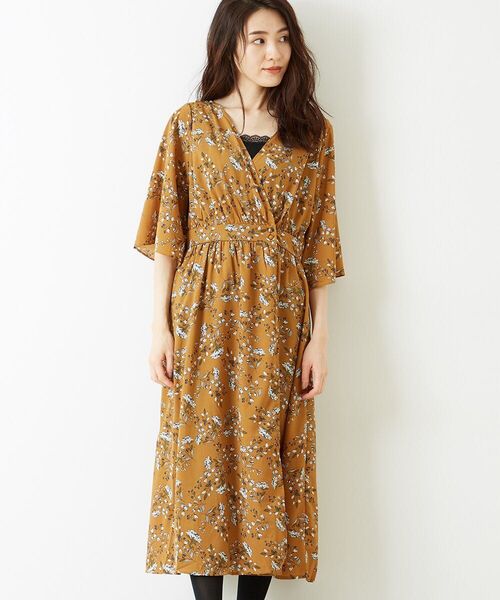 Ray Cassin favori フラワーptカシュクール7分袖ワンピース 花柄 ロング 半袖