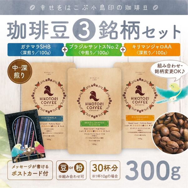 【100g×3セット】珈琲豆3銘柄セット 自家焙煎コーヒー豆 ブラジルNo.2&ガテマラSHB&キリマンジャロAA