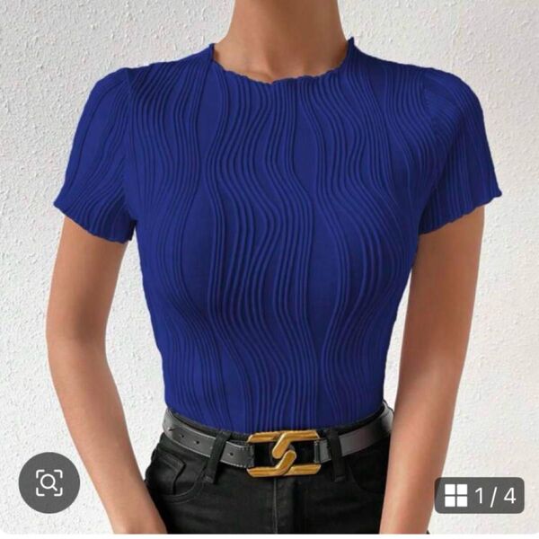 SHEIN シーイン レディース 半袖T ブルー 青色 L 春 夏 リブ 半袖 Tシャツ トップス