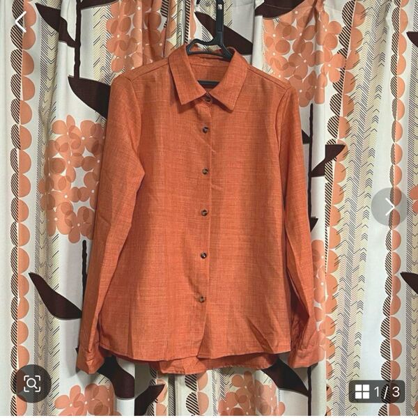 SHEIN シーイン レディース リネンライク 長袖シャツ オレンジ M 夏 シャツ 長袖 無地