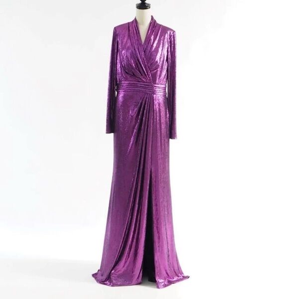 ●新品● TADASHI SHOJI タダシショージ メタリック ロングドレス Mサイズ 11号程度 長袖 カラードレス 結婚式