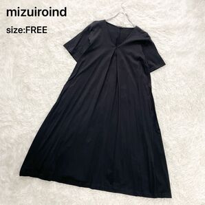 mizuiroind ミズイロインド 半袖ワンピース ネイビー Vネック コットン