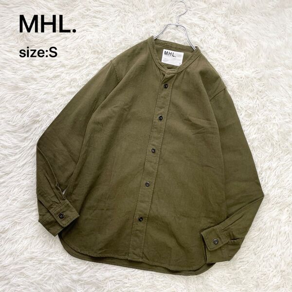 【リネン ウール混】MHL. エムエイチエル マーガレットハウエル バンドカラーシャツ 長袖 コットン カーキ S
