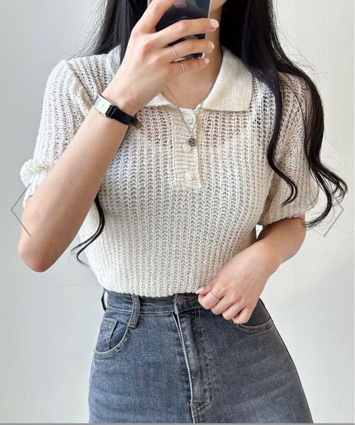 (新品)girly dollポロカラー透かし編みサマーニット(白)