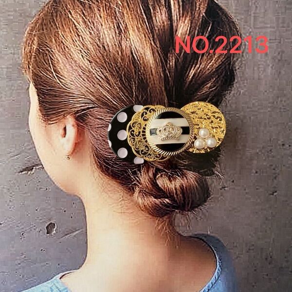 NO.2213 ハンドメイド ヘアクリップ ヘアアクセサリー ドットデザイン ゴールド パール 高見えデザイン