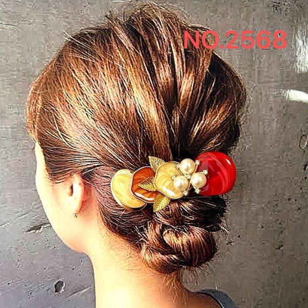 NO.2568 ハンドメイド ヘアクリップ ヘアアクセサリー マーブル パール ゴールドリーフ 高見えデザイン プレゼント