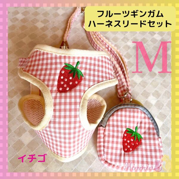 【新品送料無料】フルーツ刺繍入 ハーネスポーチリード3点セット《いちご M》ペット 犬用ペット用