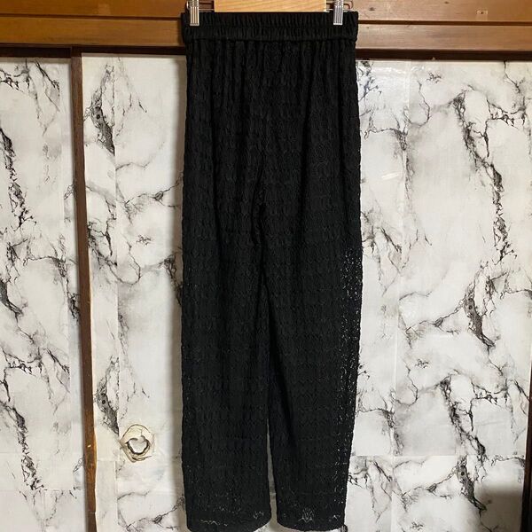 レディース パンツ スラックス レース 裏地あり 黒 ウエストゴム 総ゴム M