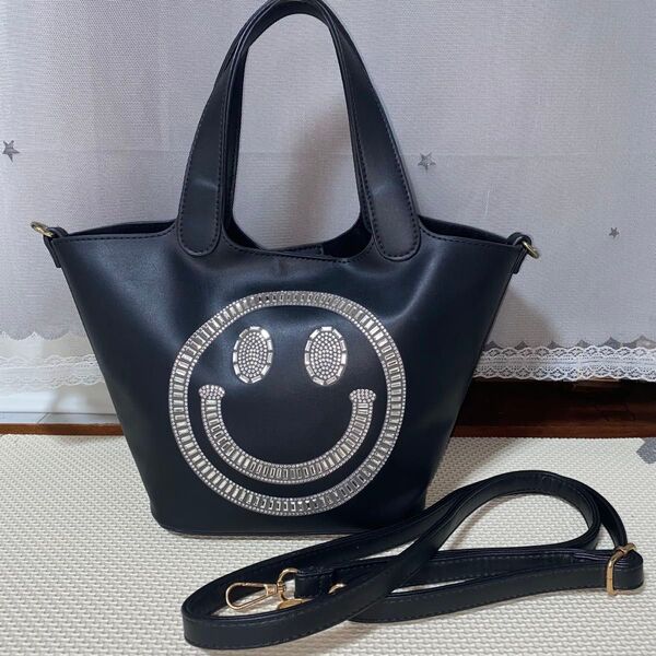 【定価5000円】ニコちゃんマーク ハンドバッグ 2way ショルダーバッグ ラインストーン 黒 ブラック 合皮 レディース