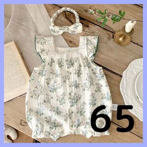 65 花柄ロンパース ヘアバンド付き ベビー服 夏服 かわいい 女の子 フリル袖 60 60 春 夏 秋