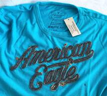 未使用 訳あり AE アメリカンイーグル Tシャツ メンズS シアン 水色 ロゴ ワッペン 立体的 フエルト 半袖 AMERICAN EAGLE D163_画像2