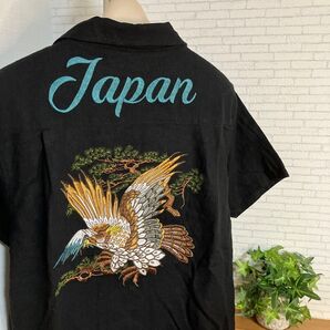 ボーリングシャツ スカシャツ アロハシャツ 和柄 刺繍 鷹 鷲 レーヨン ブラック