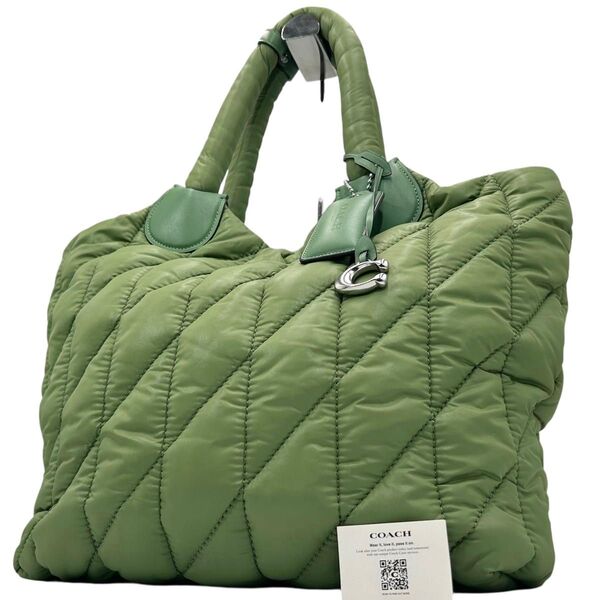 未使用級 COACH コーチ アイリス トートバッグ ビジネスバッグ キルティング 黄緑 ナイロン A4収納 肩掛け 現行