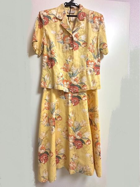 Aquascutum セットアップ 花柄 半袖 イエロー フレアスカート 開襟シャツ